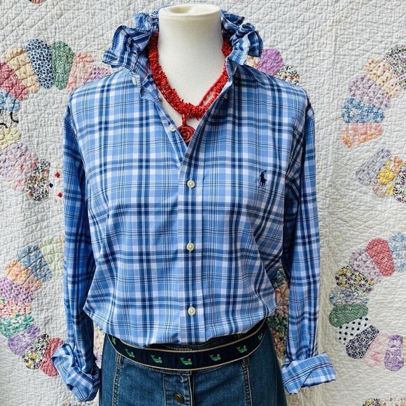 Ralph Lauren Tops - Upcycled Re-worked Ralph Lauren Performance Blue Plaid Ruffle Collar Shirt M